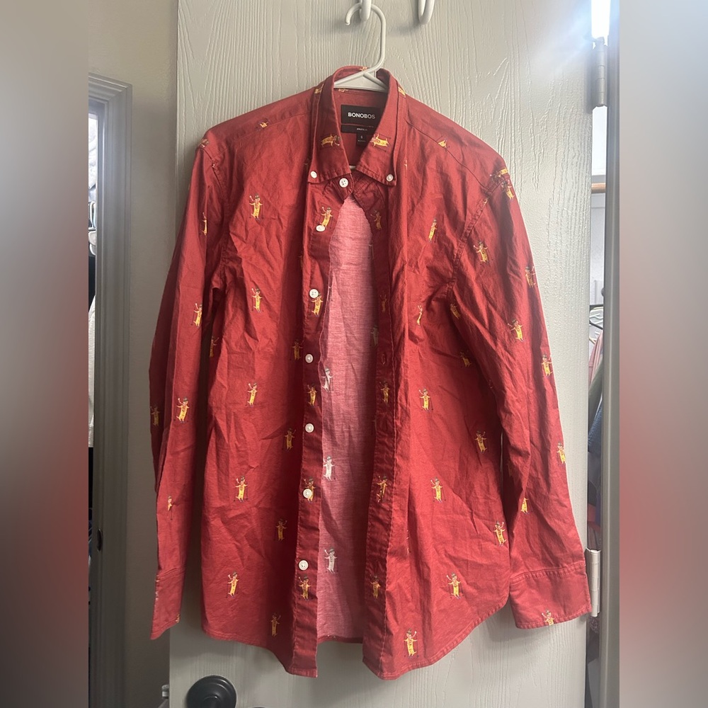 Bonobos Men’s Burgundy Novelty Print Long Sleeve Athletic Fit Shirt